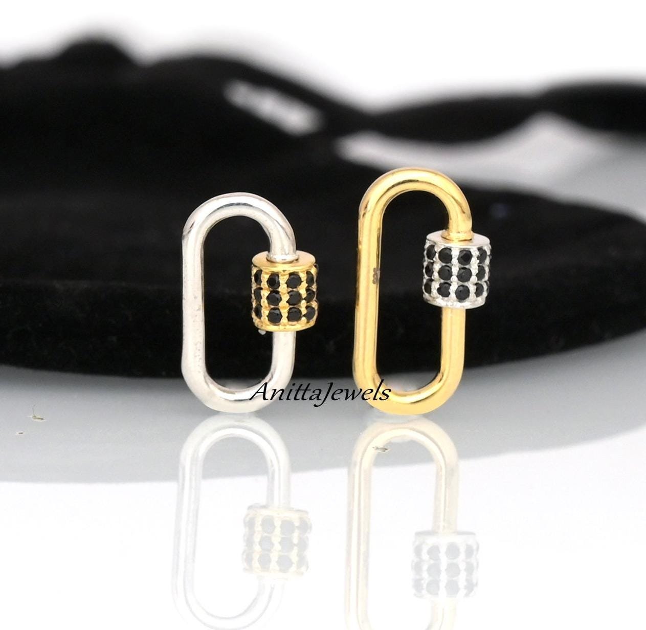 Two-Tone 925 Silver Carabiner Lock: Black Spinel Pendant - View 2 - Anitta Jewels | SKU: etsy_1110764944 Two-Tone 925 Silver Carabiner Lock: Black Spinel Pendant - View 2 - Anitta Jewels | SKU: etsy_1110764944