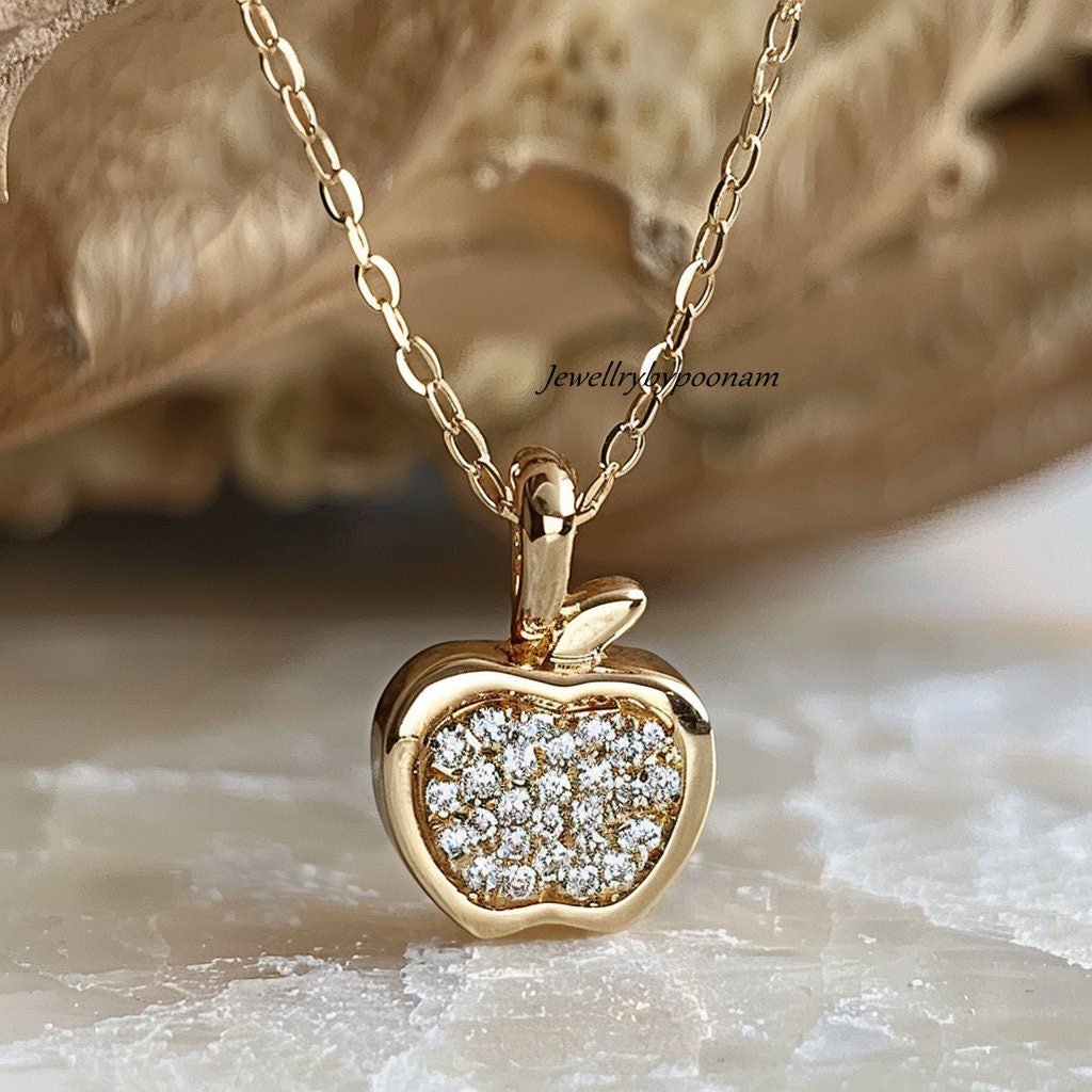 14k Gold Apple Pendant: Sterling Silver Diamond Accent - View 2 - Jewelry By Poonam | SKU: MJP5395-SLYGMN-20 M M 14k Gold Apple Pendant: Sterling Silver Diamond Accent - View 2 - Jewelry By Poonam | SKU: MJP5395-SLYGMN-20 M M