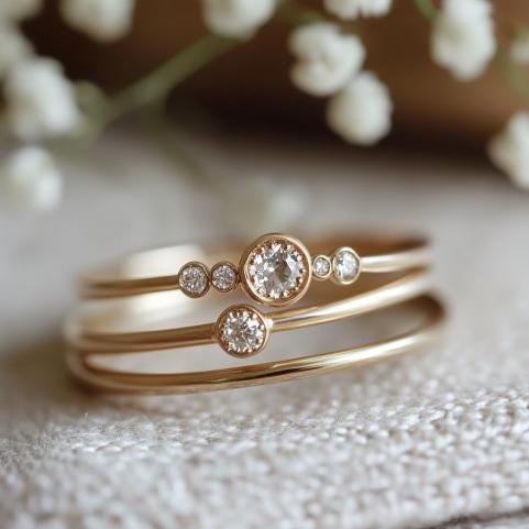 14k Gold Dainty Diamond Ring: Minimalist Stacking Ring - Jewelry By Poonam | SKU: PJR3172- 14k Gold Dainty Diamond Ring: Minimalist Stacking Ring - Jewelry By Poonam | SKU: PJR3172-