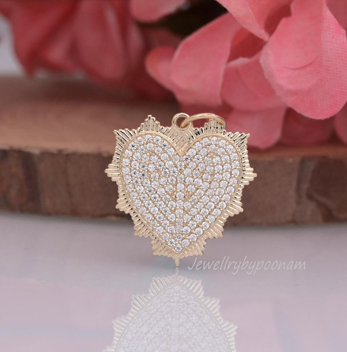 14K Gold Diamond Heart Pendant: Handmade Fluted Design - Jewelry By Poonam | SKU: PJP4353-14KYGMN-27M 2/26 14K Gold Diamond Heart Pendant: Handmade Fluted Design - Jewelry By Poonam | SKU: PJP4353-14KYGMN-27M 2/26