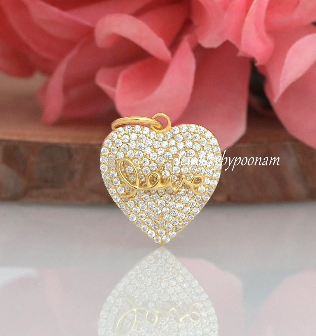 14k Gold Diamond Heart Pendant: Sterling Silver Love Charm - Jewelry By Poonam | SKU: PJP3428-SLYGCZ-25M 2/26 14k Gold Diamond Heart Pendant: Sterling Silver Love Charm - Jewelry By Poonam | SKU: PJP3428-SLYGCZ-25M 2/26