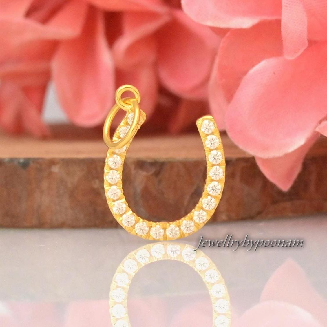 14K Gold Diamond Horseshoe Charm: Dainty Lucky Pendant - Jewelry By Poonam | SKU: PJP4782-SLYGCZ-30M 2/26 14K Gold Diamond Horseshoe Charm: Dainty Lucky Pendant - Jewelry By Poonam | SKU: PJP4782-SLYGCZ-30M 2/26