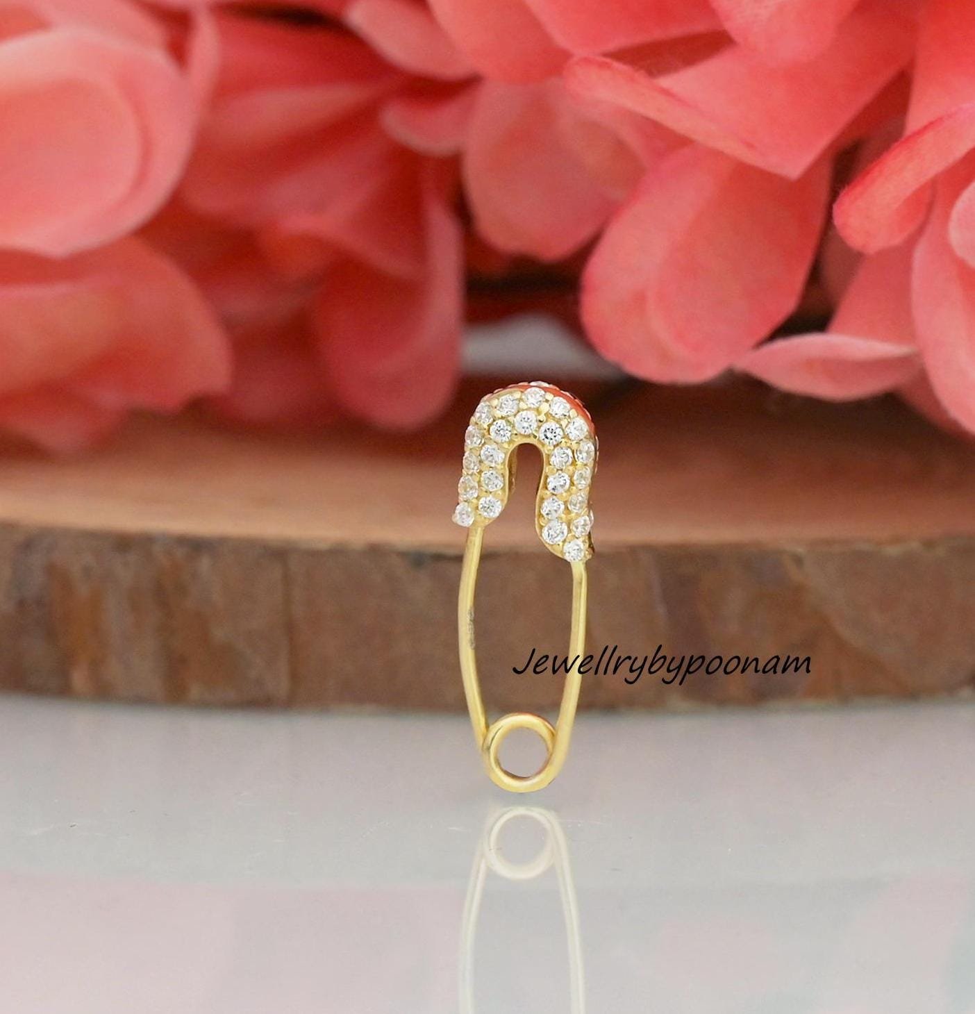 14k Gold Diamond Safety Pin Charm Lock: Sterling Silver Enhancer - Jewelry By Poonam | SKU: PJH2608-SLYGCZ-23MM 2/26 14k Gold Diamond Safety Pin Charm Lock: Sterling Silver Enhancer - Jewelry By Poonam | SKU: PJH2608-SLYGCZ-23MM 2/26