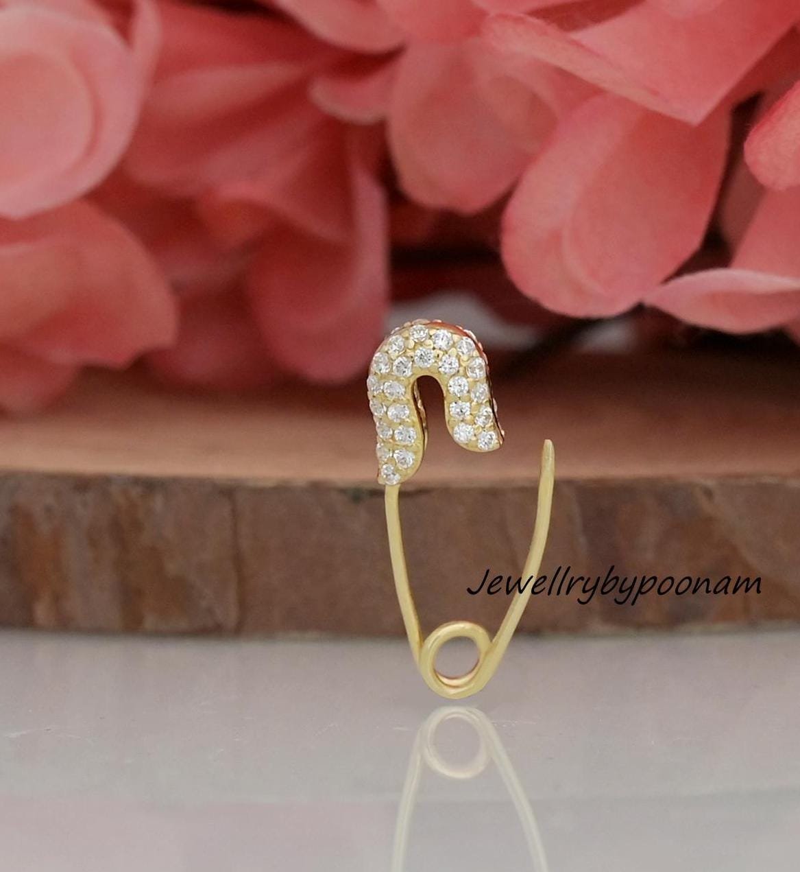 14k Gold Diamond Safety Pin Charm Lock: Sterling Silver Enhancer - View 2 - Jewelry By Poonam | SKU: PJH2608-SLYGCZ-23MM 2/26 14k Gold Diamond Safety Pin Charm Lock: Sterling Silver Enhancer - View 2 - Jewelry By Poonam | SKU: PJH2608-SLYGCZ-23MM 2/26