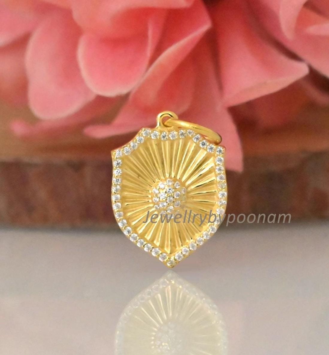 14k Gold Diamond Shield Pendant: Sterling Silver Medallion Charm - Jewelry By Poonam | SKU: PJP4851-SLYGCZ-25M 2/26 14k Gold Diamond Shield Pendant: Sterling Silver Medallion Charm - Jewelry By Poonam | SKU: PJP4851-SLYGCZ-25M 2/26