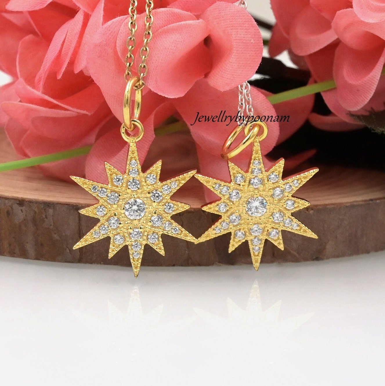 14K Gold Diamond Starburst Pendant: Moissanite Star Charm - Jewelry By Poonam | SKU: PJP3196-SLYGCZ-25M 2/26 14K Gold Diamond Starburst Pendant: Moissanite Star Charm - Jewelry By Poonam | SKU: PJP3196-SLYGCZ-25M 2/26