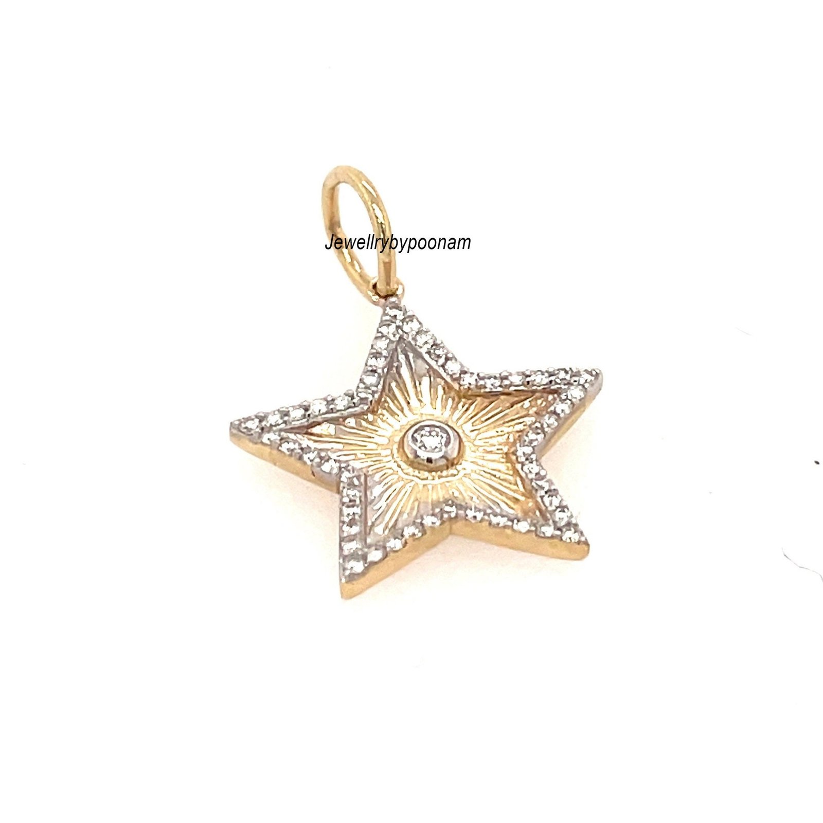 14k Gold Fluted Star Moissanite Pendant, Sterling Silver Charm (25x20 MM) - Jewelry By Poonam | SKU: PJP- 14k Gold Fluted Star Moissanite Pendant, Sterling Silver Charm (25x20 MM) - Jewelry By Poonam | SKU: PJP-