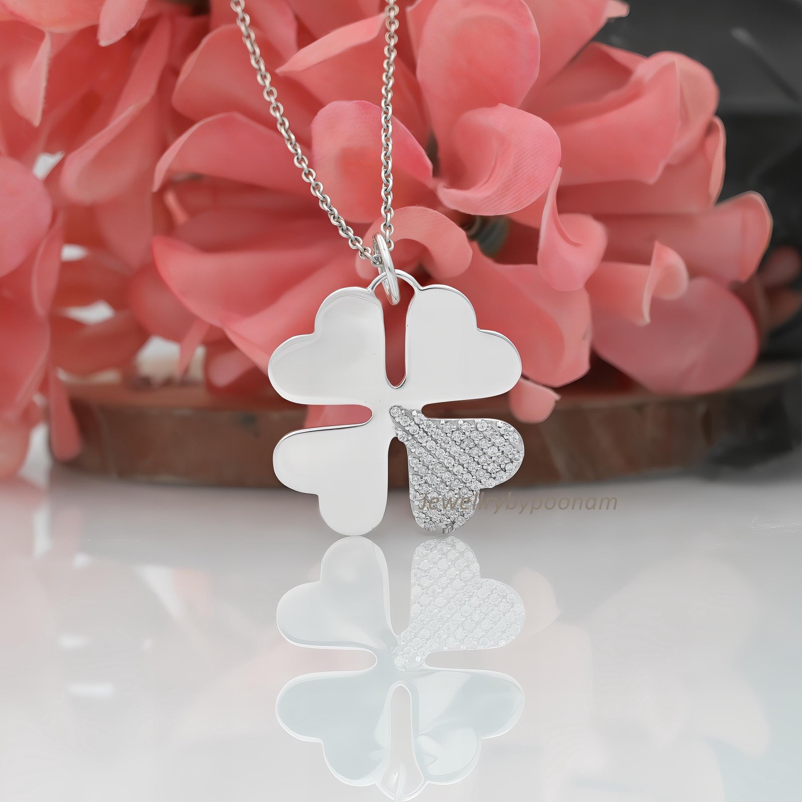14k Gold Four Leaf Clover Diamond Pendant: Sterling Silver Charm - Jewelry By Poonam | SKU: PJP4481-SLNSCZ-35M 2/26 14k Gold Four Leaf Clover Diamond Pendant: Sterling Silver Charm - Jewelry By Poonam | SKU: PJP4481-SLNSCZ-35M 2/26