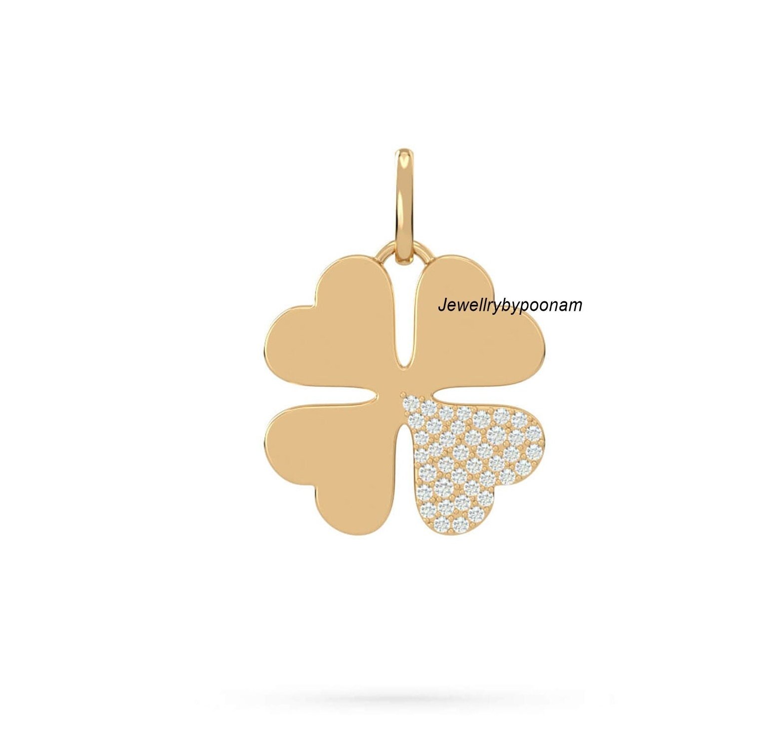 14k Gold Four Leaf Clover Diamond Pendant: Sterling Silver Charm - View 2 - Jewelry By Poonam | SKU: PJP4481-SLNSCZ-35M 2/26 14k Gold Four Leaf Clover Diamond Pendant: Sterling Silver Charm - View 2 - Jewelry By Poonam | SKU: PJP4481-SLNSCZ-35M 2/26