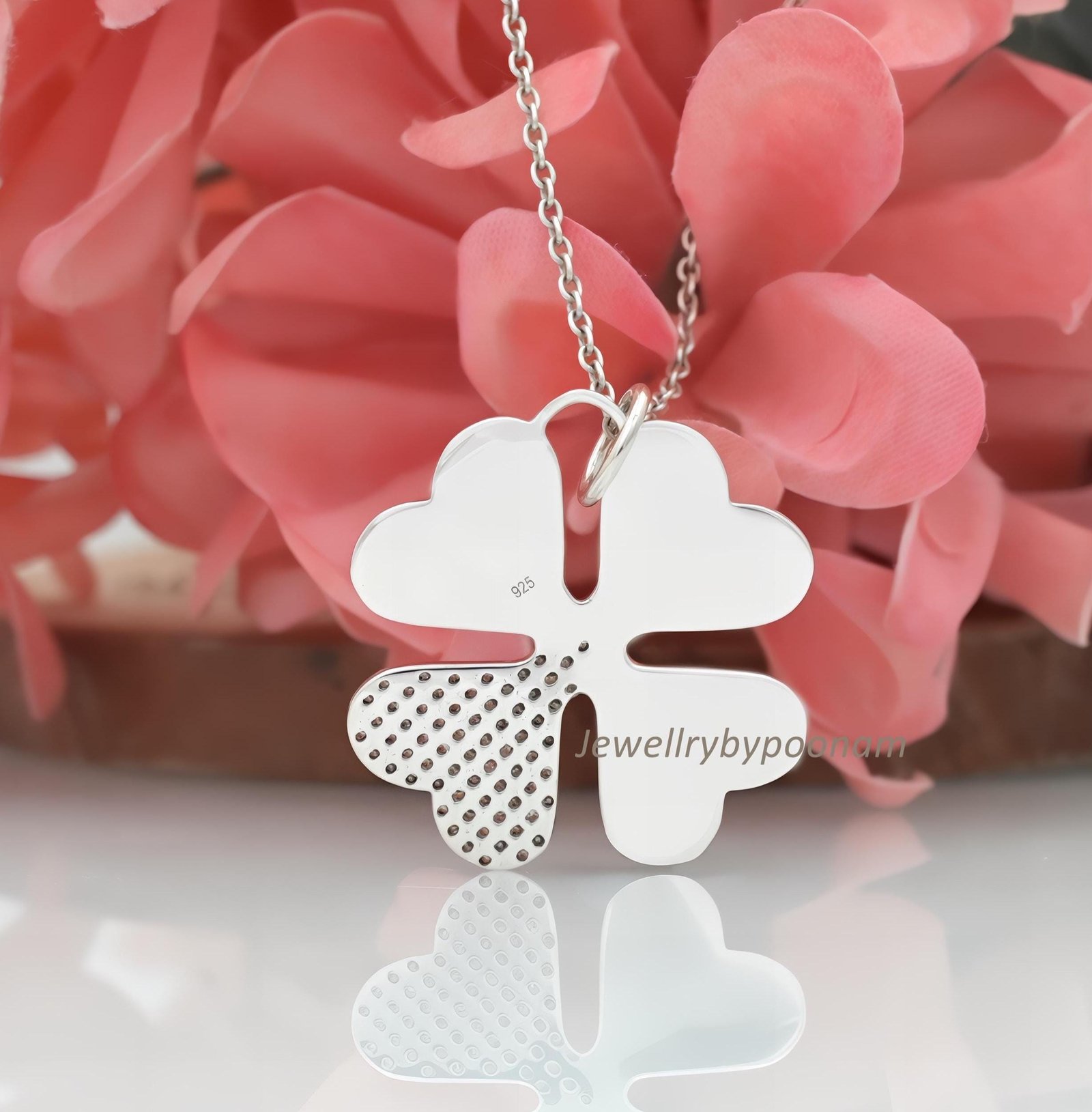 14k Gold Four Leaf Clover Diamond Pendant: Sterling Silver Charm - View 3 - Jewelry By Poonam | SKU: PJP4481-SLNSCZ-35M 2/26 14k Gold Four Leaf Clover Diamond Pendant: Sterling Silver Charm - View 3 - Jewelry By Poonam | SKU: PJP4481-SLNSCZ-35M 2/26