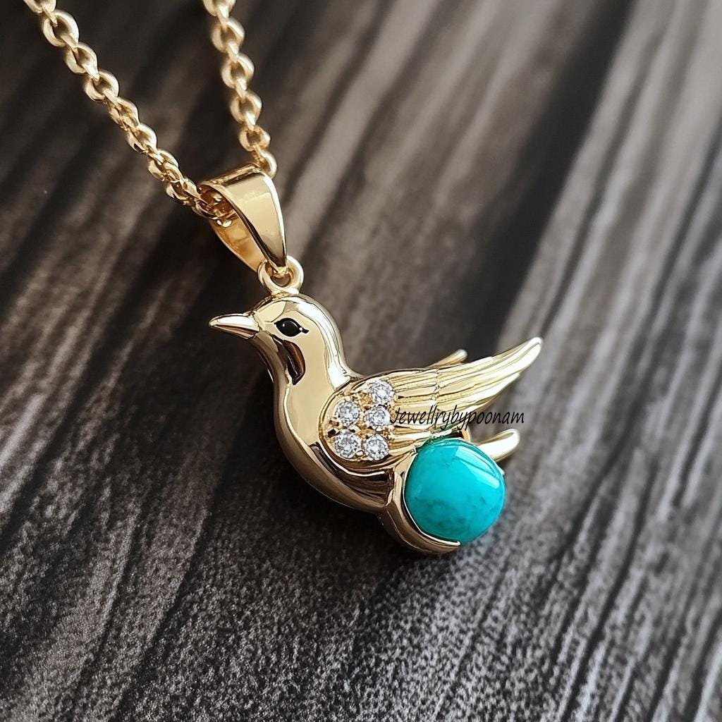 14k Gold Gemstone Bird Pendant: Sterling Silver Turquoise Jewelry - View 3 - Jewelry By Poonam | SKU: PJP4242-SLYGBSPCZBS-25M 14k Gold Gemstone Bird Pendant: Sterling Silver Turquoise Jewelry - View 3 - Jewelry By Poonam | SKU: PJP4242-SLYGBSPCZBS-25M