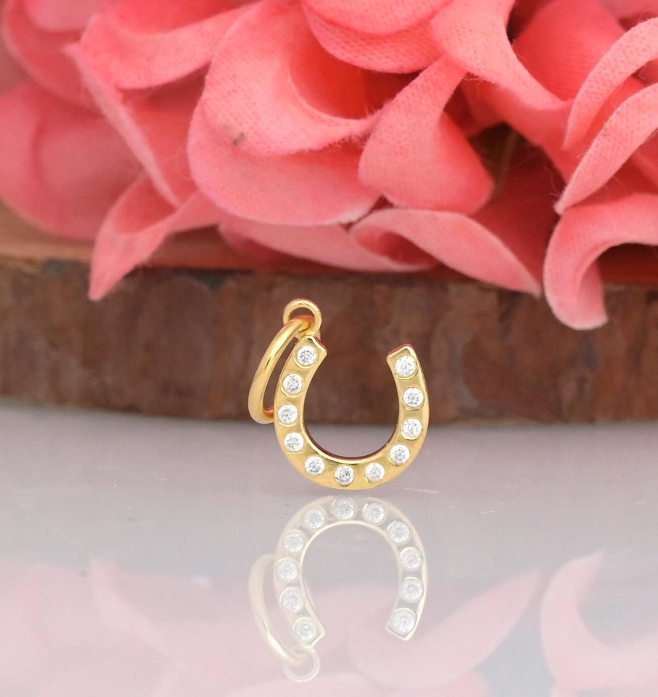 14K Gold Horseshoe Charm: Diamond Horse Pendant - Jewelry By Poonam | SKU: PJP4164-14kYGEM-20M 2/26 14K Gold Horseshoe Charm: Diamond Horse Pendant - Jewelry By Poonam | SKU: PJP4164-14kYGEM-20M 2/26