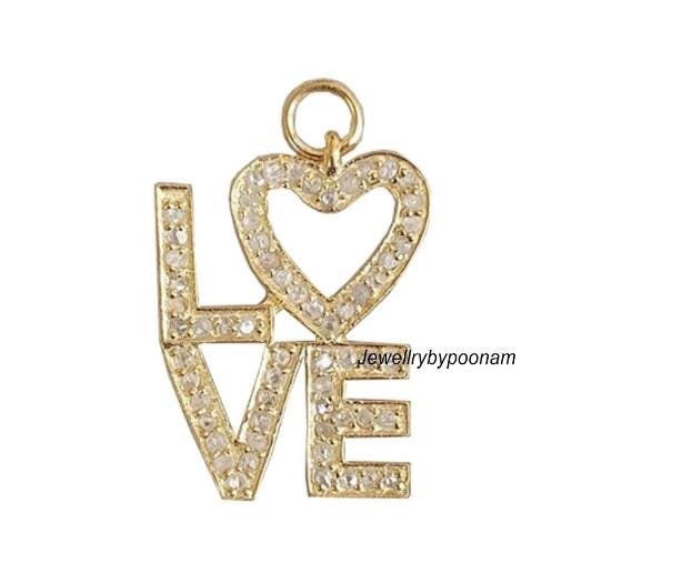 14k Gold LOVE Pendant: Sterling Silver Diamond Charm (22MM) - View 2 - Jewelry By Poonam | SKU: PJP- 14k Gold LOVE Pendant: Sterling Silver Diamond Charm (22MM) - View 2 - Jewelry By Poonam | SKU: PJP-