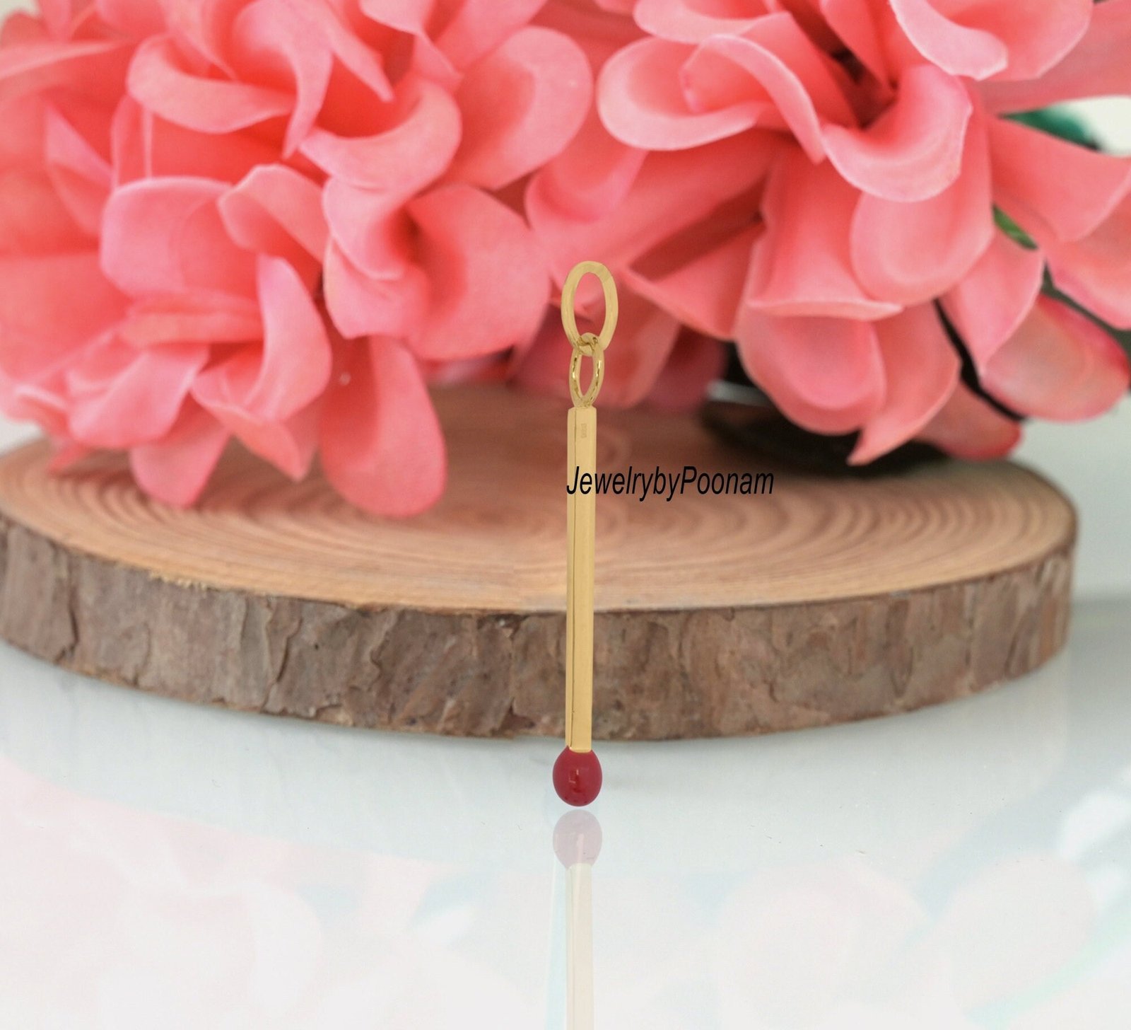 14k Gold Matchstick Pendant: Lucky Red Enamel Charm (35mm) - Jewelry By Poonam | SKU: PJP2880-SLYGELR-35M 2/26 14k Gold Matchstick Pendant: Lucky Red Enamel Charm (35mm) - Jewelry By Poonam | SKU: PJP2880-SLYGELR-35M 2/26