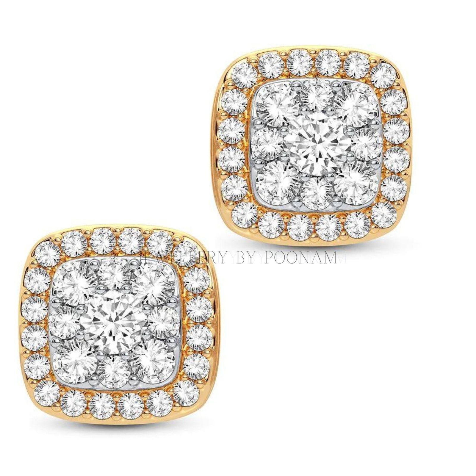14K Gold Moissanite Cubic Zirconia Halo Earrings: 10mm Square Studs - Jewelry By Poonam | SKU: E-128 14K Gold Moissanite Cubic Zirconia Halo Earrings: 10mm Square Studs - Jewelry By Poonam | SKU: E-128