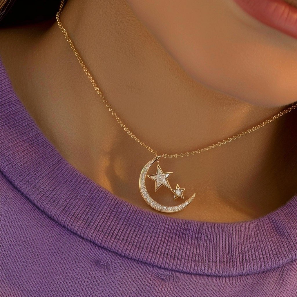 14k Gold Moissanite Moon Star Pendant: Sterling Silver Charm (30MM) - Jewelry By Poonam | SKU: PJN1058-SLNSMN-18I 14k Gold Moissanite Moon Star Pendant: Sterling Silver Charm (30MM) - Jewelry By Poonam | SKU: PJN1058-SLNSMN-18I
