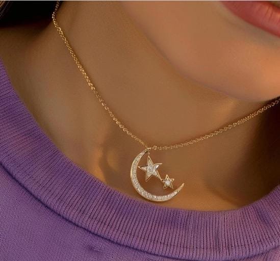 14k Gold Moissanite Moon Star Pendant: Sterling Silver Charm (30MM) - View 2 - Jewelry By Poonam | SKU: PJN1058-SLNSMN-18I 14k Gold Moissanite Moon Star Pendant: Sterling Silver Charm (30MM) - View 2 - Jewelry By Poonam | SKU: PJN1058-SLNSMN-18I