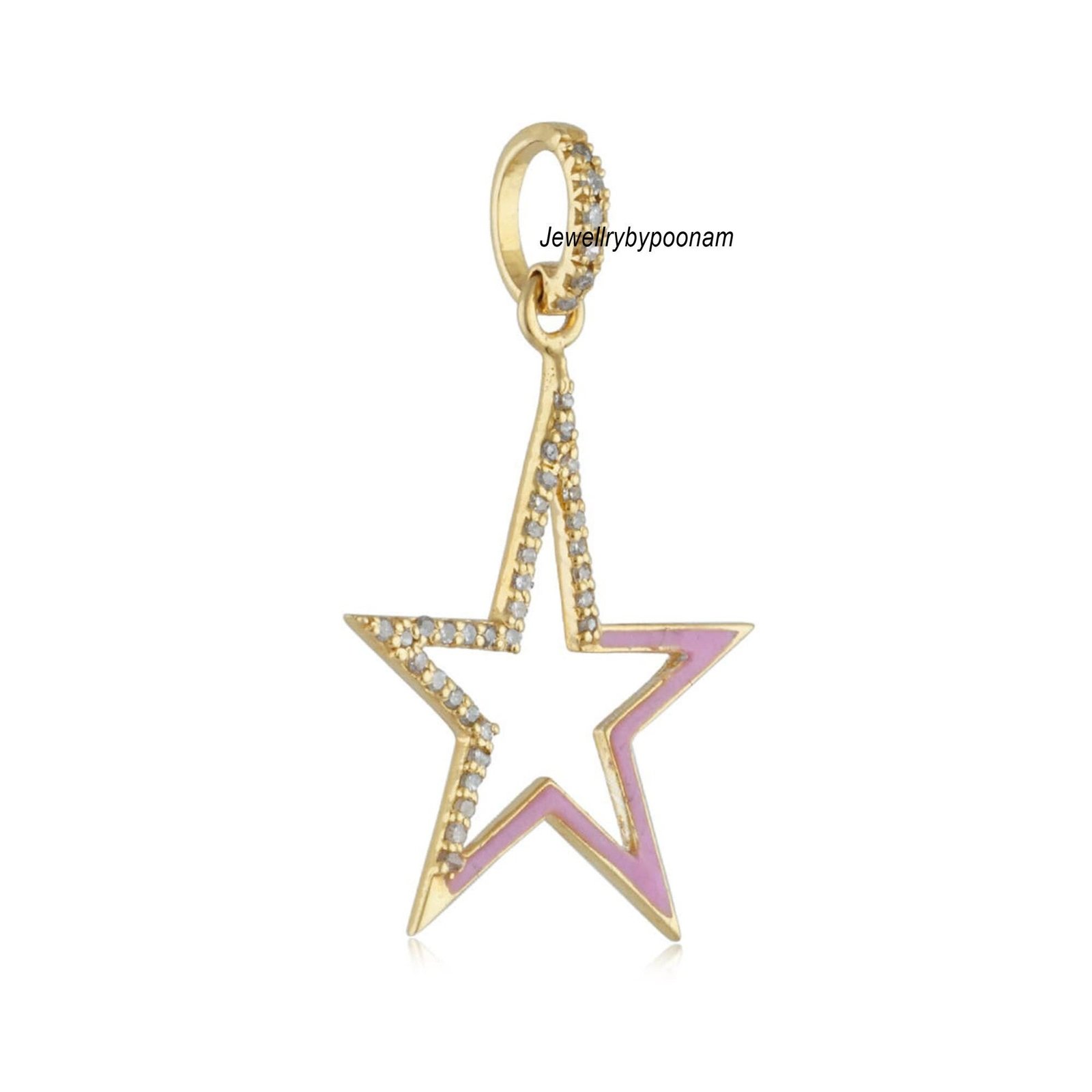 14k Gold Moissanite Star Pendant: Pink Enamel Sterling Silver Charm (30MM) - Jewelry By Poonam | SKU: PJP- 14k Gold Moissanite Star Pendant: Pink Enamel Sterling Silver Charm (30MM) - Jewelry By Poonam | SKU: PJP-
