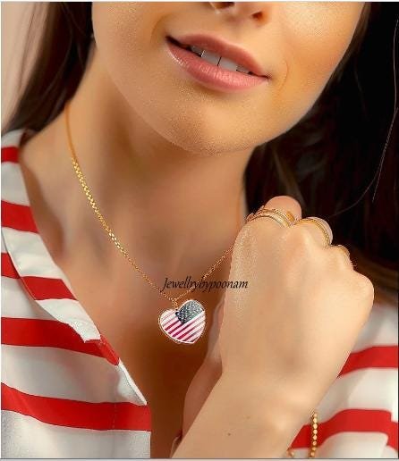 14K Gold Plated American Flag Heart Pendant: Enamel Charm Necklace - View 2 - Jewelry By Poonam | SKU: PJP 14K Gold Plated American Flag Heart Pendant: Enamel Charm Necklace - View 2 - Jewelry By Poonam | SKU: PJP