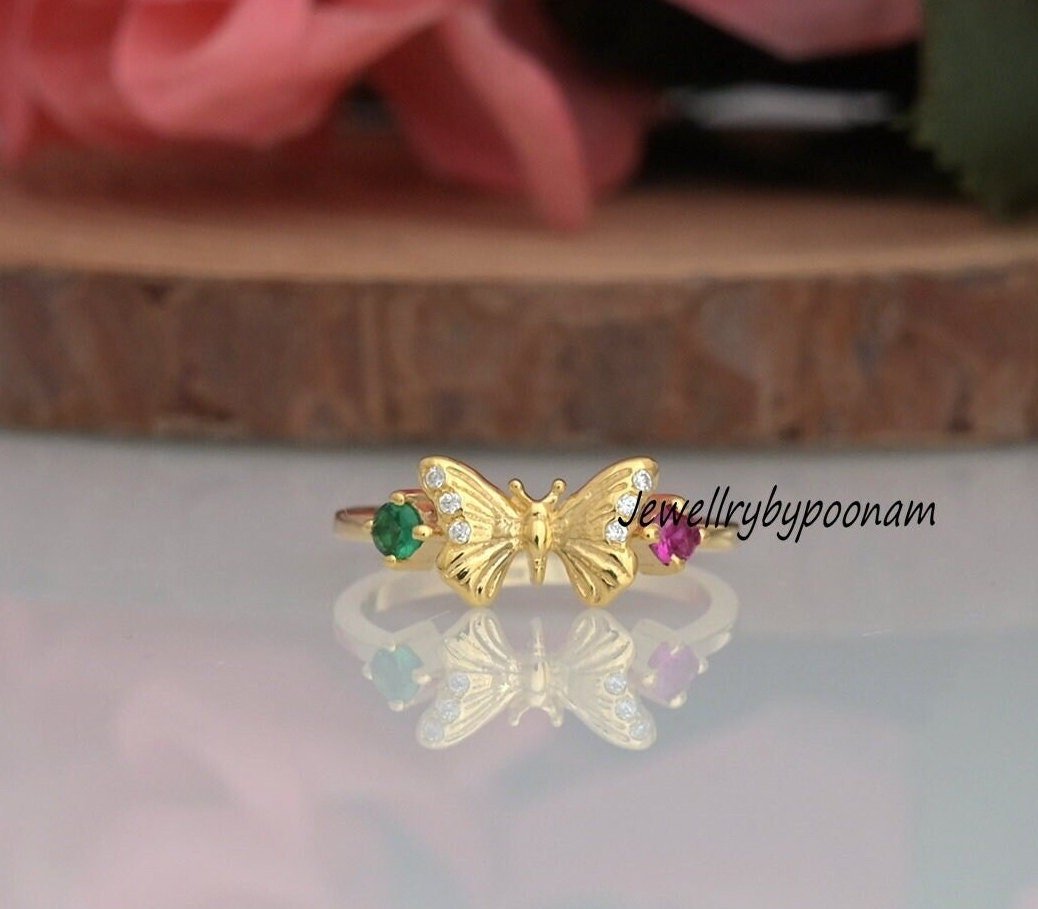 14k Gold Plated Butterfly Ring: Emerald, Ruby & CZ Sterling Silver - Jewelry By Poonam | SKU: PJR2682-SLYGCZEMRU-US-8 14k Gold Plated Butterfly Ring: Emerald, Ruby & CZ Sterling Silver - Jewelry By Poonam | SKU: PJR2682-SLYGCZEMRU-US-8
