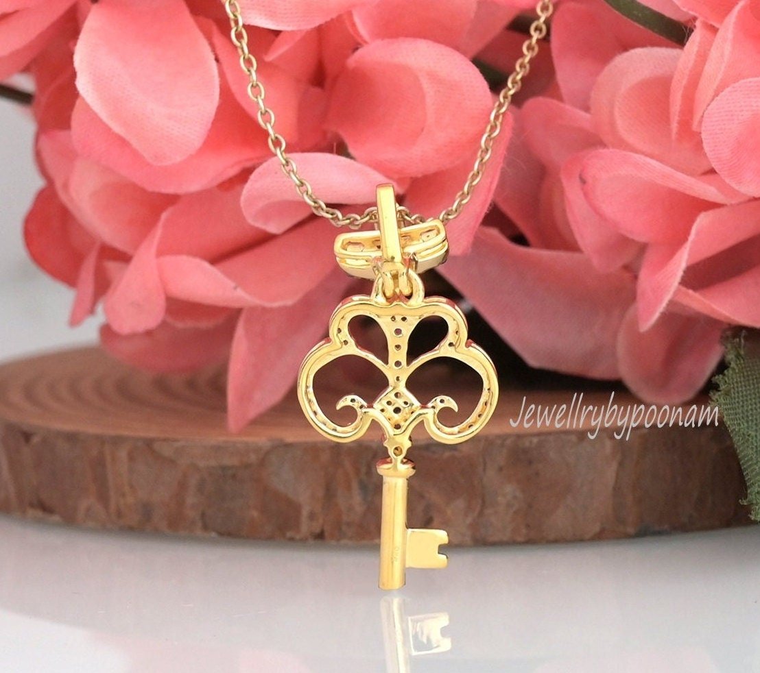 14k Gold Plated Crown Key Pendant: Sterling Silver CZ - View 2 - Jewelry By Poonam | SKU: PJP3491-SLYGBSP-40MM 2/26 14k Gold Plated Crown Key Pendant: Sterling Silver CZ - View 2 - Jewelry By Poonam | SKU: PJP3491-SLYGBSP-40MM 2/26