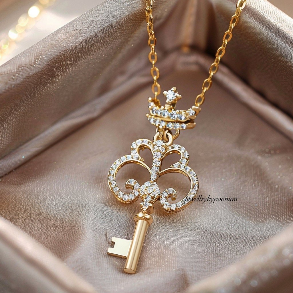 14k Gold Plated Crown Key Pendant: Sterling Silver CZ - View 3 - Jewelry By Poonam | SKU: PJP3491-SLYGBSP-40MM 2/26 14k Gold Plated Crown Key Pendant: Sterling Silver CZ - View 3 - Jewelry By Poonam | SKU: PJP3491-SLYGBSP-40MM 2/26