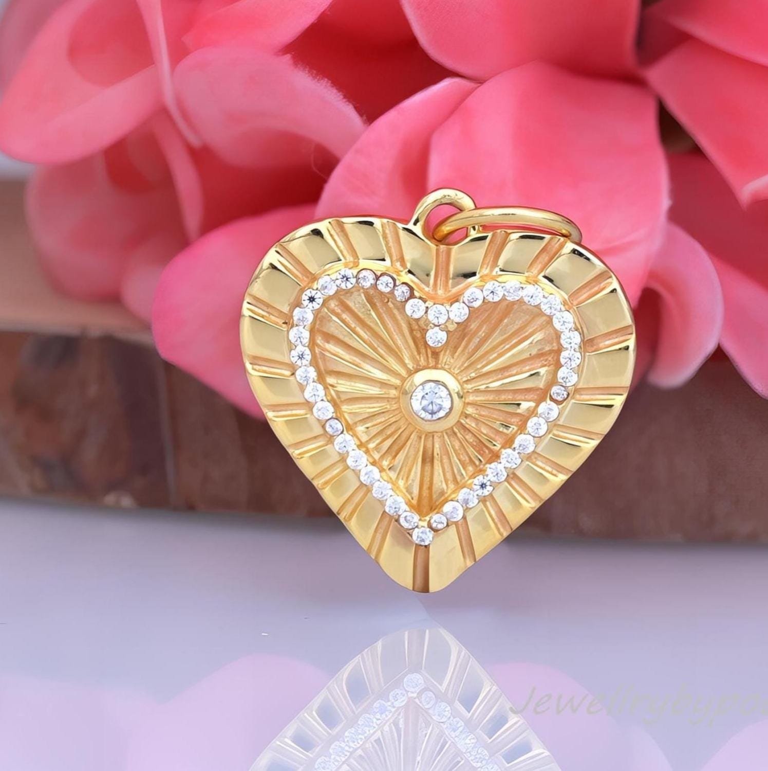 14k Gold Plated Fluted Heart Charm: Moissanite Diamond Pendant - Jewelry By Poonam | SKU: PJP4421-SLYGMN-22M 2/26 14k Gold Plated Fluted Heart Charm: Moissanite Diamond Pendant - Jewelry By Poonam | SKU: PJP4421-SLYGMN-22M 2/26