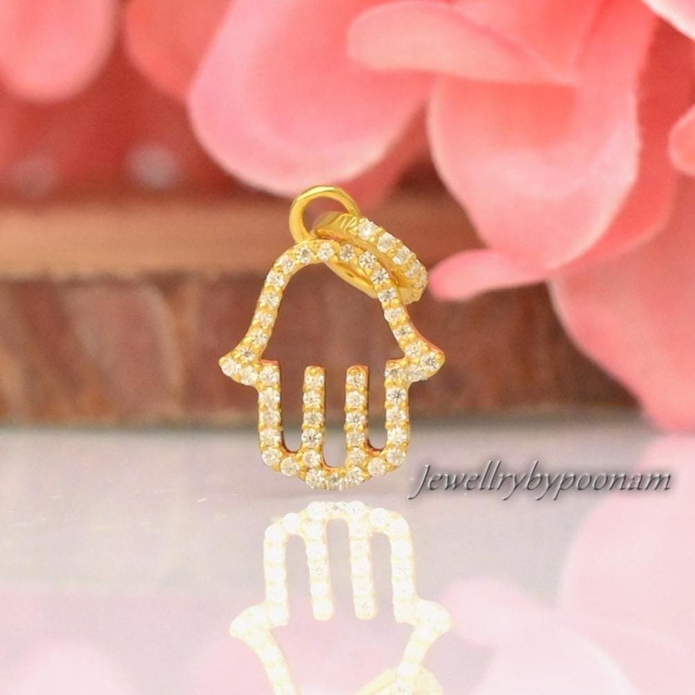 14k Gold Plated Hamsa Pendant: Moissanite Diamond Charm, Mini Gold Hand - Jewelry By Poonam | SKU: PJP6131-SLYGMN-22M 2/26 14k Gold Plated Hamsa Pendant: Moissanite Diamond Charm, Mini Gold Hand - Jewelry By Poonam | SKU: PJP6131-SLYGMN-22M 2/26