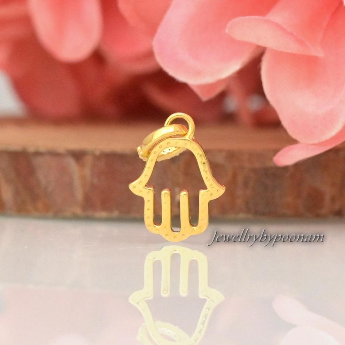 14k Gold Plated Hamsa Pendant: Moissanite Diamond Charm, Mini Gold Hand - View 2 - Jewelry By Poonam | SKU: PJP6131-SLYGMN-22 14k Gold Plated Hamsa Pendant: Moissanite Diamond Charm, Mini Gold Hand - View 2 - Jewelry By Poonam | SKU: PJP6131-SLYGMN-22