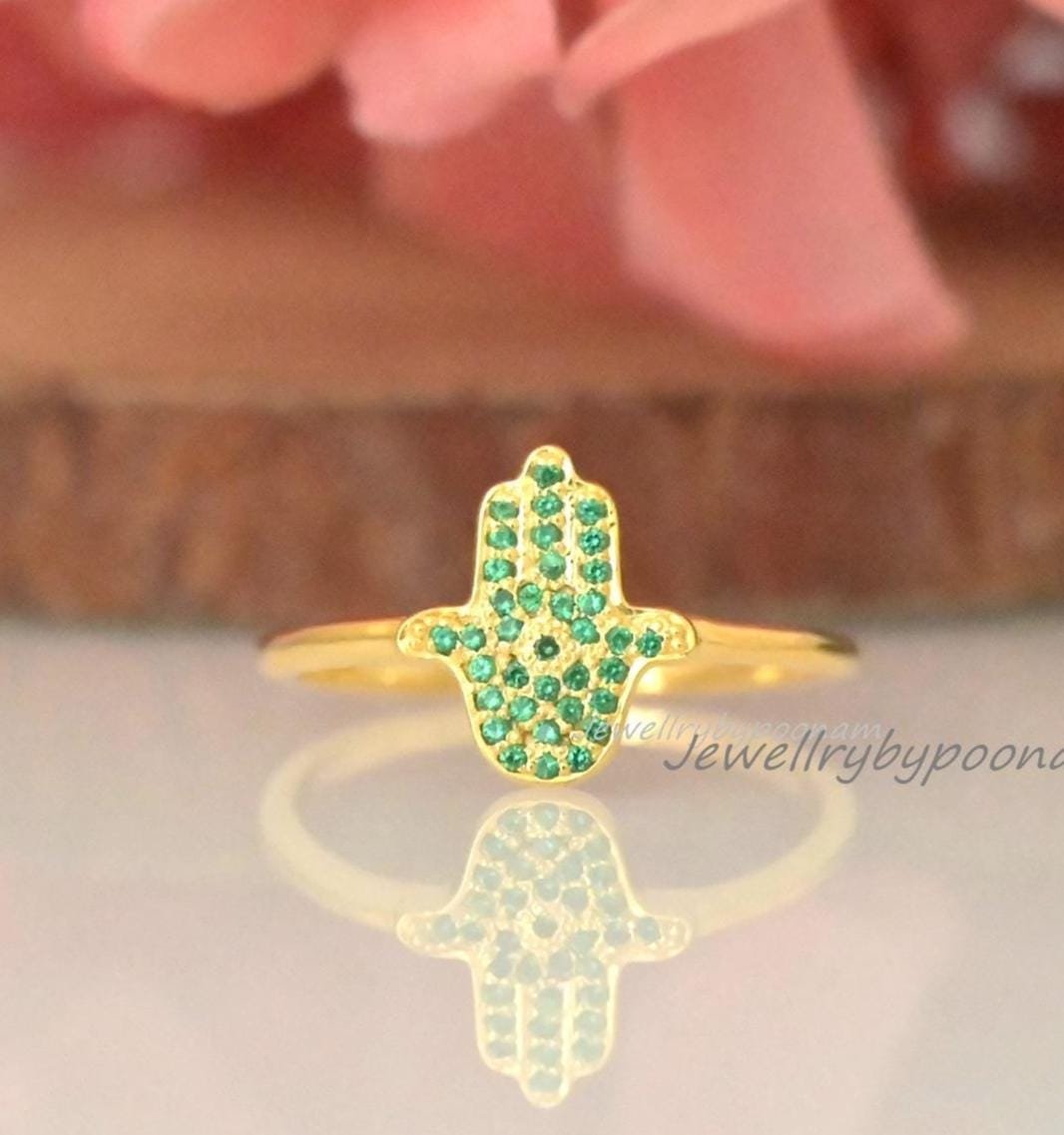 14k Gold Plated Hamsa Ring: CZ Diamond Stackable Band - Jewelry By Poonam | SKU: PJR2973-SLYGEM-US-10 14k Gold Plated Hamsa Ring: CZ Diamond Stackable Band - Jewelry By Poonam | SKU: PJR2973-SLYGEM-US-10