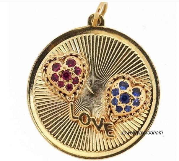 14k Gold Plated Heart Pendant: Ruby, Sapphire, CZ Diamond Charm (22 MM) - View 2 - Jewelry By Poonam | SKU: PJP- 14k Gold Plated Heart Pendant: Ruby, Sapphire, CZ Diamond Charm (22 MM) - View 2 - Jewelry By Poonam | SKU: PJP-