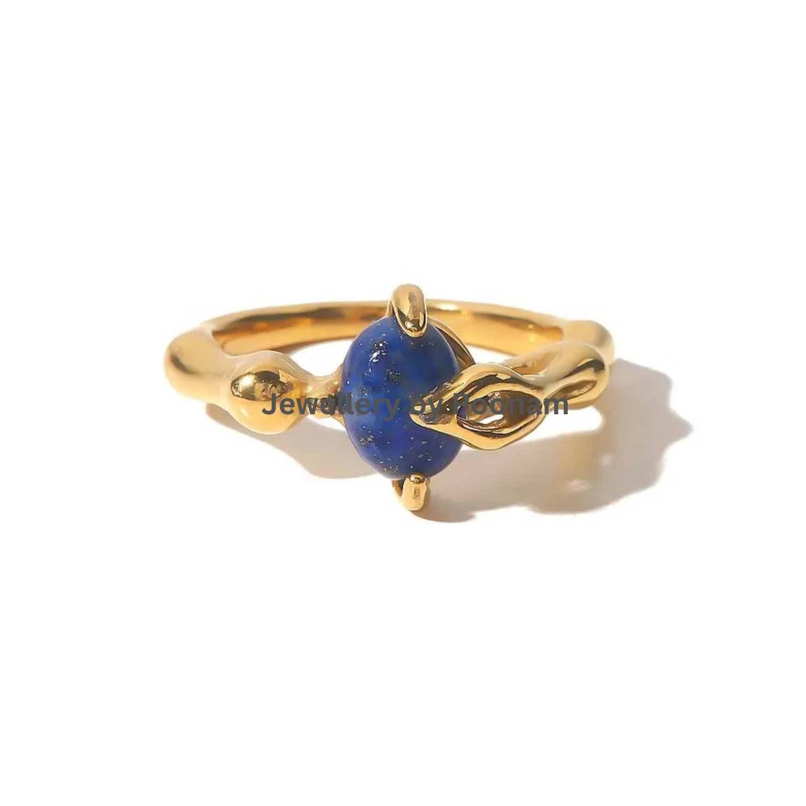 14K Gold Plated Lapis Lazuli Ring – French Oval Gemstone Stacking Band - Jewelry By Poonam | SKU: R-1083 14K Gold Plated Lapis Lazuli Ring – French Oval Gemstone Stacking Band - Jewelry By Poonam | SKU: R-1083