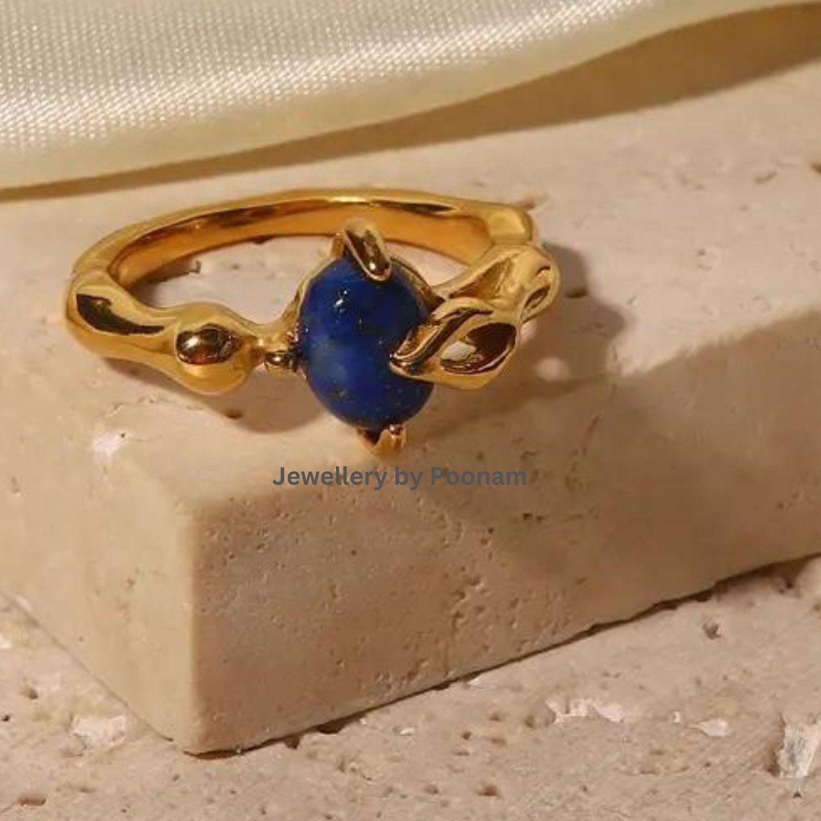 14K Gold Plated Lapis Lazuli Ring – French Oval Gemstone Stacking Band - View 2 - Jewelry By Poonam | SKU: R-1083 14K Gold Plated Lapis Lazuli Ring – French Oval Gemstone Stacking Band - View 2 - Jewelry By Poonam | SKU: R-1083