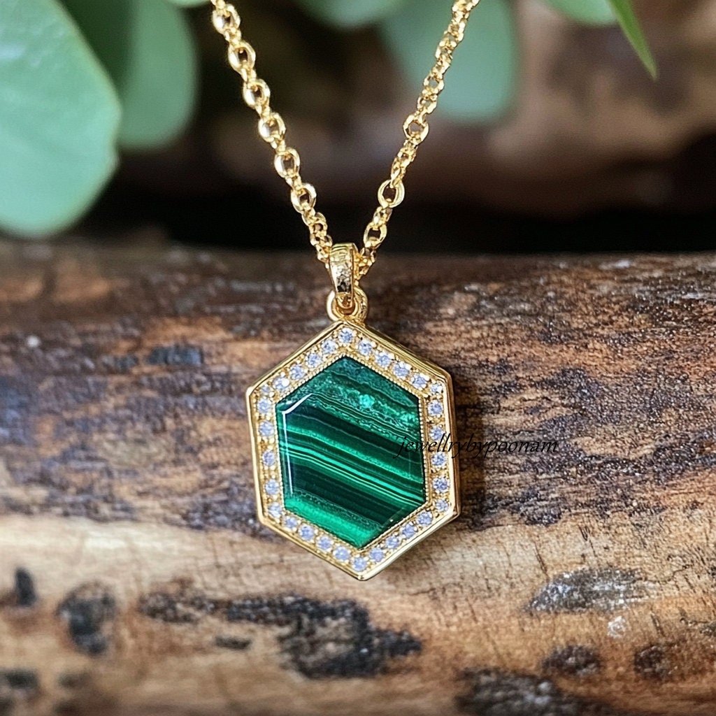 14k Gold-Plated Malachite Hexagon Pendant: Sterling Silver Charm - Jewelry By Poonam | SKU: PJP- 14k Gold-Plated Malachite Hexagon Pendant: Sterling Silver Charm - Jewelry By Poonam | SKU: PJP-
