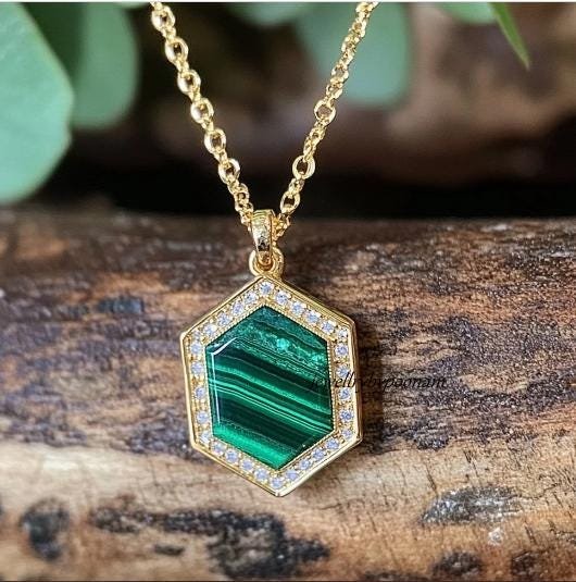 14k Gold-Plated Malachite Hexagon Pendant: Sterling Silver Charm - View 2 - Jewelry By Poonam | SKU: PJP- 14k Gold-Plated Malachite Hexagon Pendant: Sterling Silver Charm - View 2 - Jewelry By Poonam | SKU: PJP-