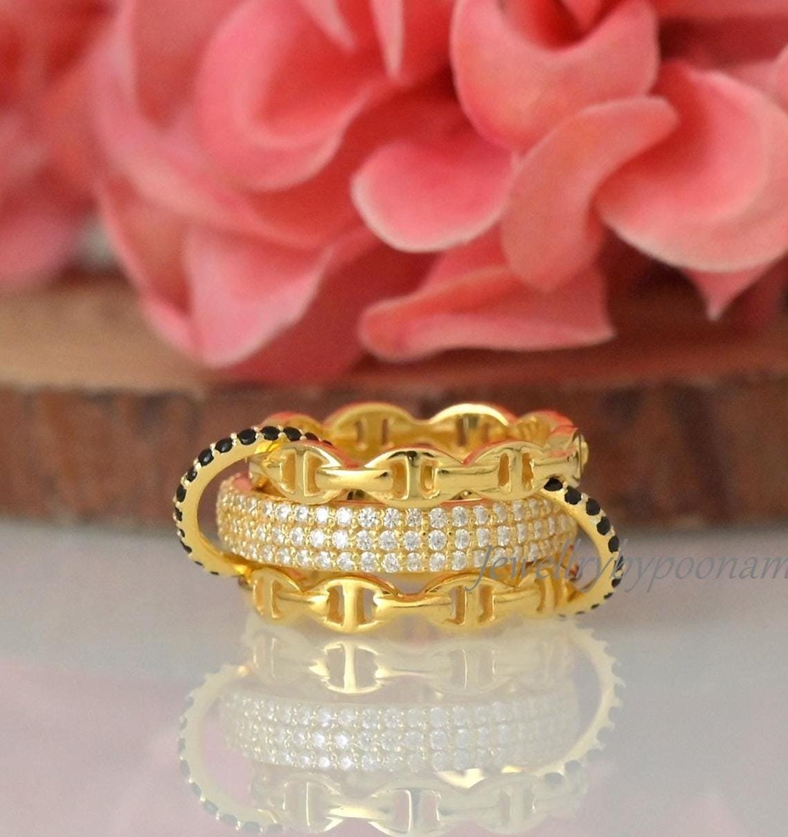 14k Gold-Plated Moissanite Black Stone Connector Ring – Sterling Silver Multi-Link Band - Jewelry By Poonam | SKU: PJR3116-SL 14k Gold-Plated Moissanite Black Stone Connector Ring – Sterling Silver Multi-Link Band - Jewelry By Poonam | SKU: PJR3116-SL