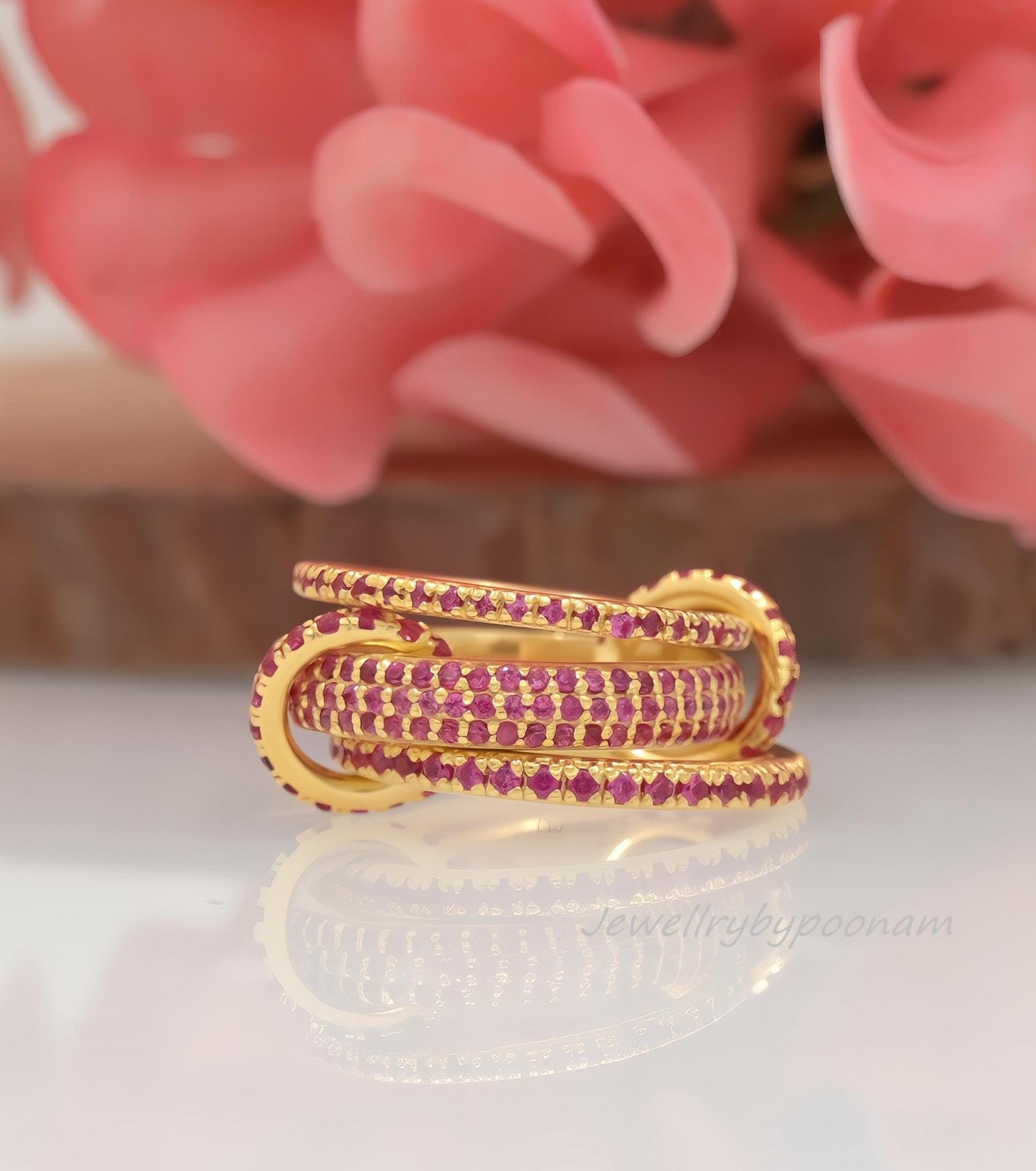 14K Gold Plated Multi-Link Ring: Sterling Silver Ruby Connector Band Ring - Jewelry By Poonam | SKU: PJR1038-SLYGCZ-US-8 2/26 14K Gold Plated Multi-Link Ring: Sterling Silver Ruby Connector Band Ring - Jewelry By Poonam | SKU: PJR1038-SLYGCZ-US-8 2/26