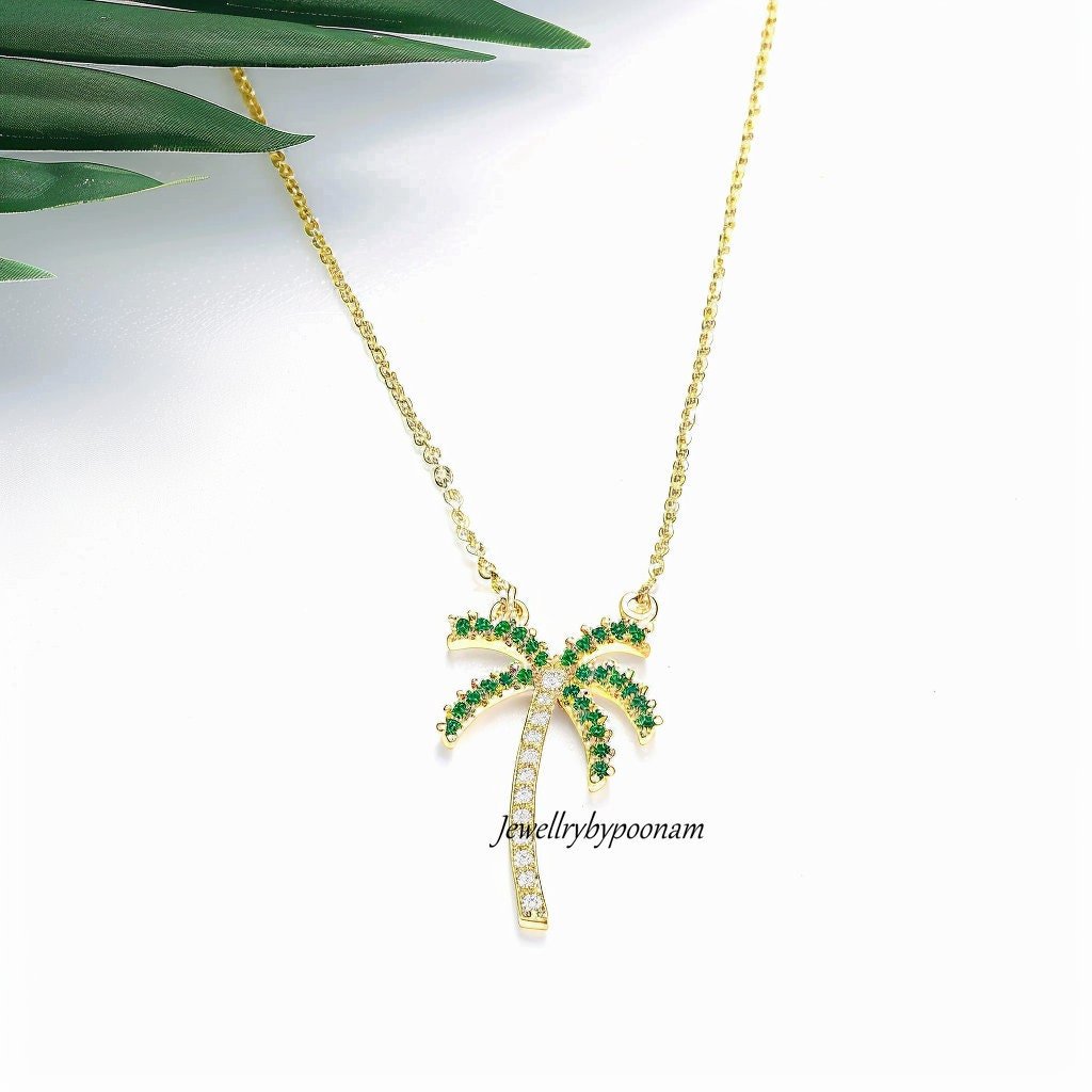 14K Gold Plated Palm Tree Pendant: Emerald & CZ Sterling Silver - Jewelry By Poonam | SKU: PJP 14K Gold Plated Palm Tree Pendant: Emerald & CZ Sterling Silver - Jewelry By Poonam | SKU: PJP