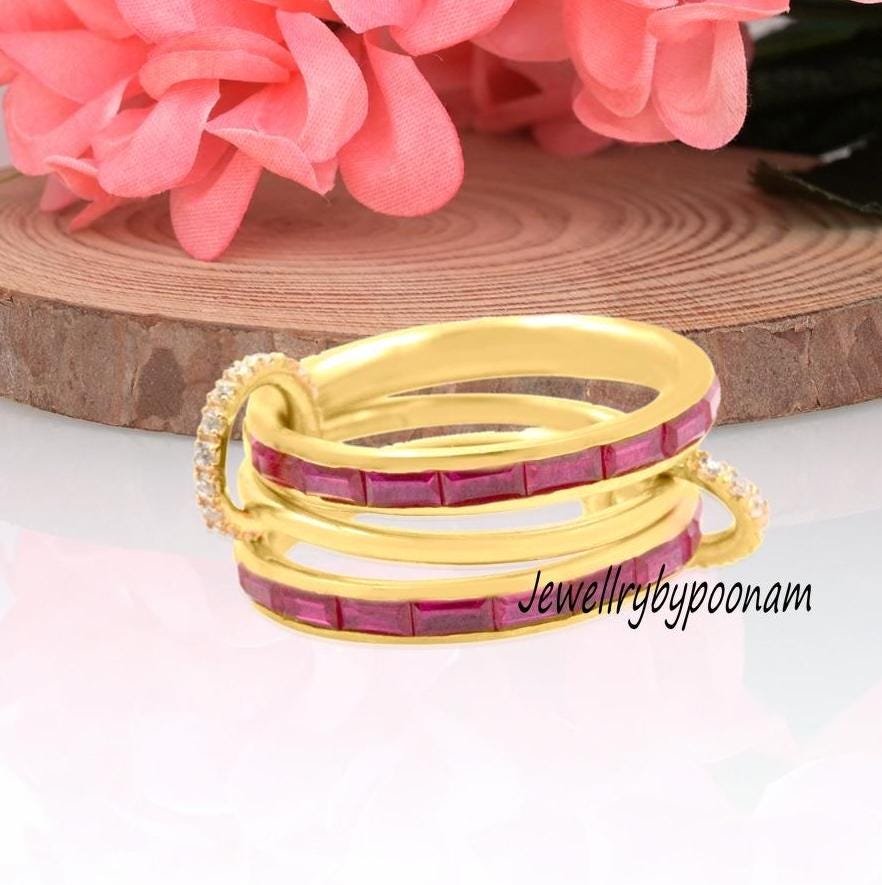 14k Gold Plated Pink Sapphire Baguette Ring, 925 Sterling Silver Band - Jewelry By Poonam | SKU: PJR999-SLYGBTTPSPWT-US-8 2/2 14k Gold Plated Pink Sapphire Baguette Ring, 925 Sterling Silver Band - Jewelry By Poonam | SKU: PJR999-SLYGBTTPSPWT-US-8 2/2