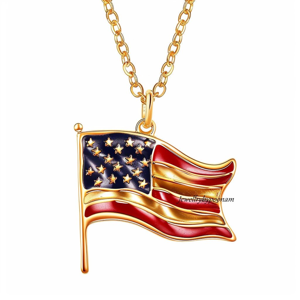 14k Gold Plated Sterling Silver American Flag Pendant: Enamel US Jewelry - Jewelry By Poonam | SKU: PJP 14k Gold Plated Sterling Silver American Flag Pendant: Enamel US Jewelry - Jewelry By Poonam | SKU: PJP