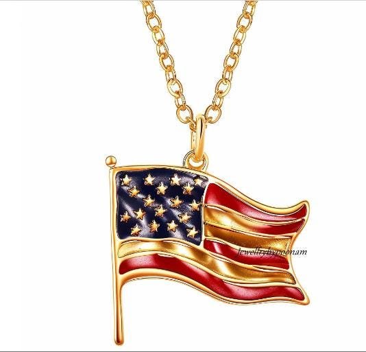 14k Gold Plated Sterling Silver American Flag Pendant: Enamel US Jewelry - View 2 - Jewelry By Poonam | SKU: PJP 14k Gold Plated Sterling Silver American Flag Pendant: Enamel US Jewelry - View 2 - Jewelry By Poonam | SKU: PJP