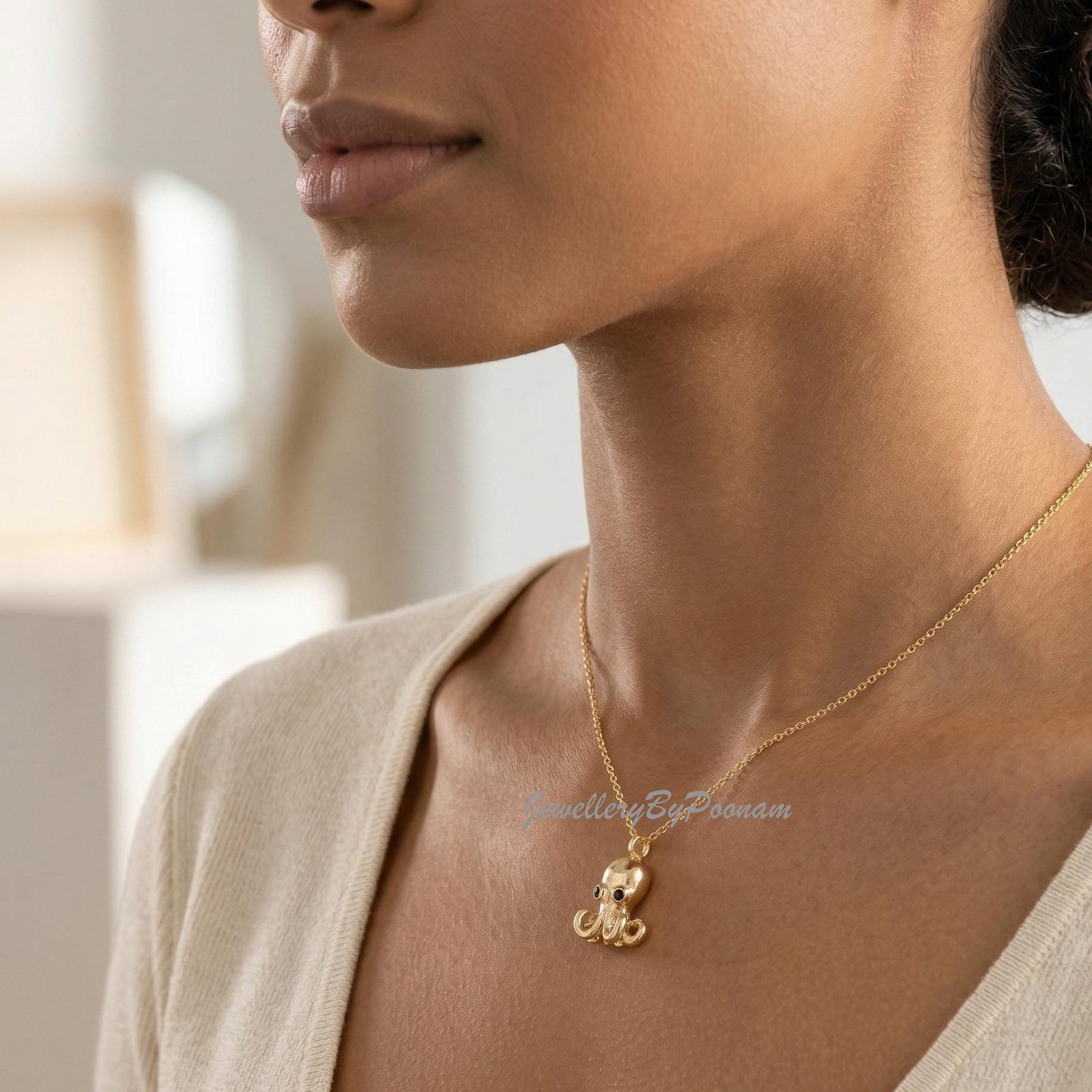 14k Gold-Plated Sterling Silver Octopus Pendant: Black Spinel Eye Charm Octopus Pendant - View 2 - Jewelry By Poonam | SKU: 14k Gold-Plated Sterling Silver Octopus Pendant: Black Spinel Eye Charm Octopus Pendant - View 2 - Jewelry By Poonam | SKU: