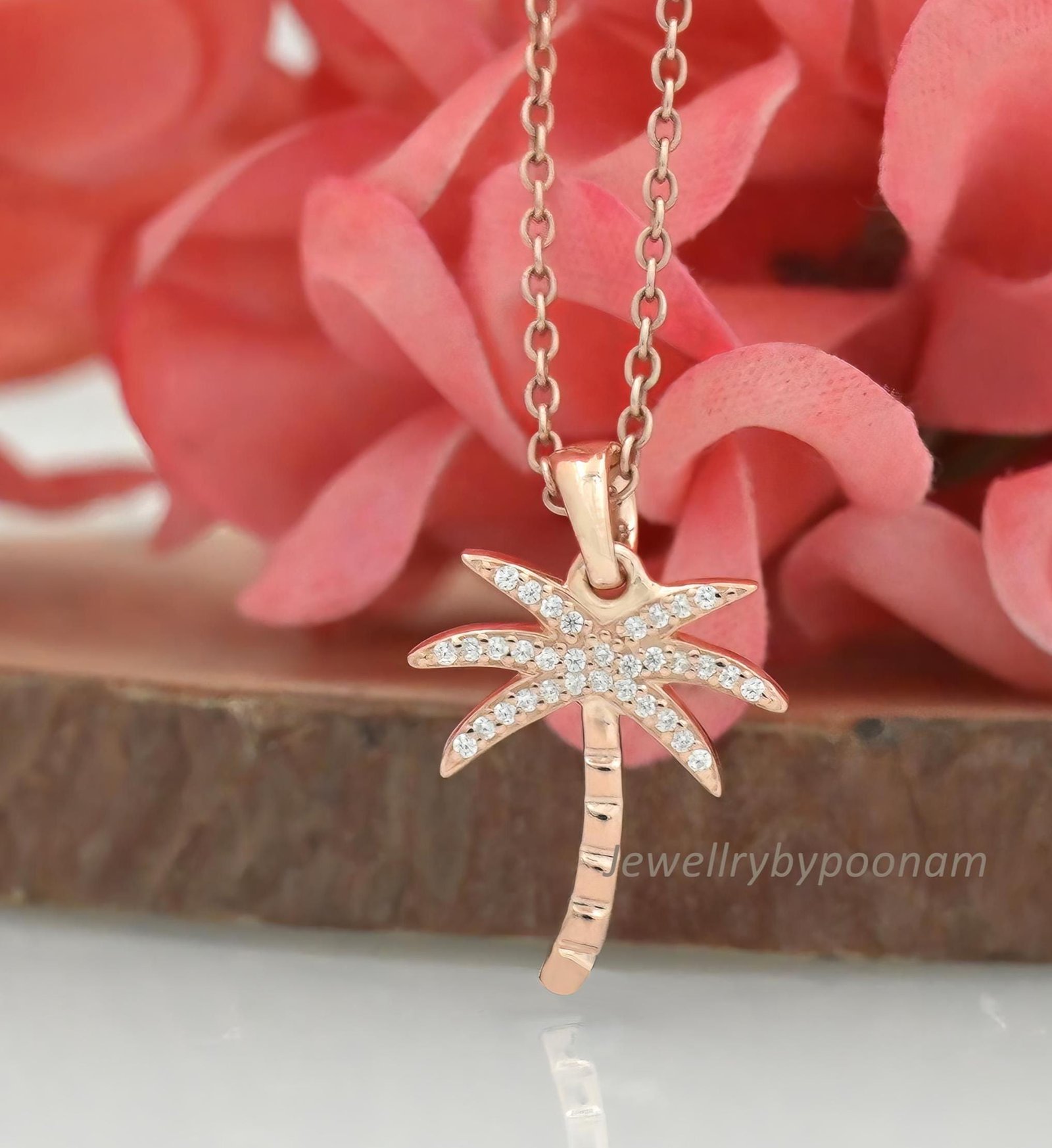 14k Gold Plated Sterling Silver Palm Tree Pendant: CZ Diamond Charm - Jewelry By Poonam | SKU: PJP4513-SLRGCZ-25M 2/26 14k Gold Plated Sterling Silver Palm Tree Pendant: CZ Diamond Charm - Jewelry By Poonam | SKU: PJP4513-SLRGCZ-25M 2/26