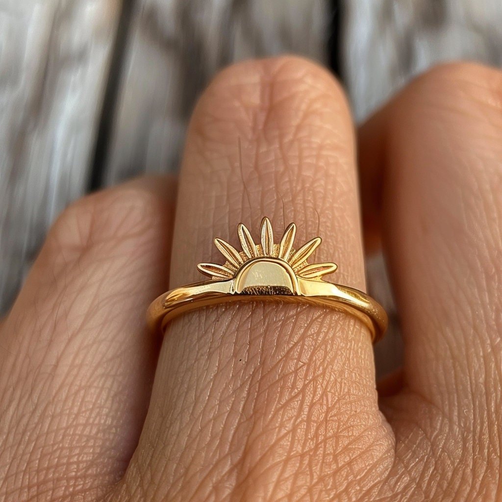 14k Gold Plated Sunburst Ring: Sterling Silver Sunshine Stacking Ring - Jewelry By Poonam | SKU: PJR2852-SLYG-US-5 2/26 14k Gold Plated Sunburst Ring: Sterling Silver Sunshine Stacking Ring - Jewelry By Poonam | SKU: PJR2852-SLYG-US-5 2/26