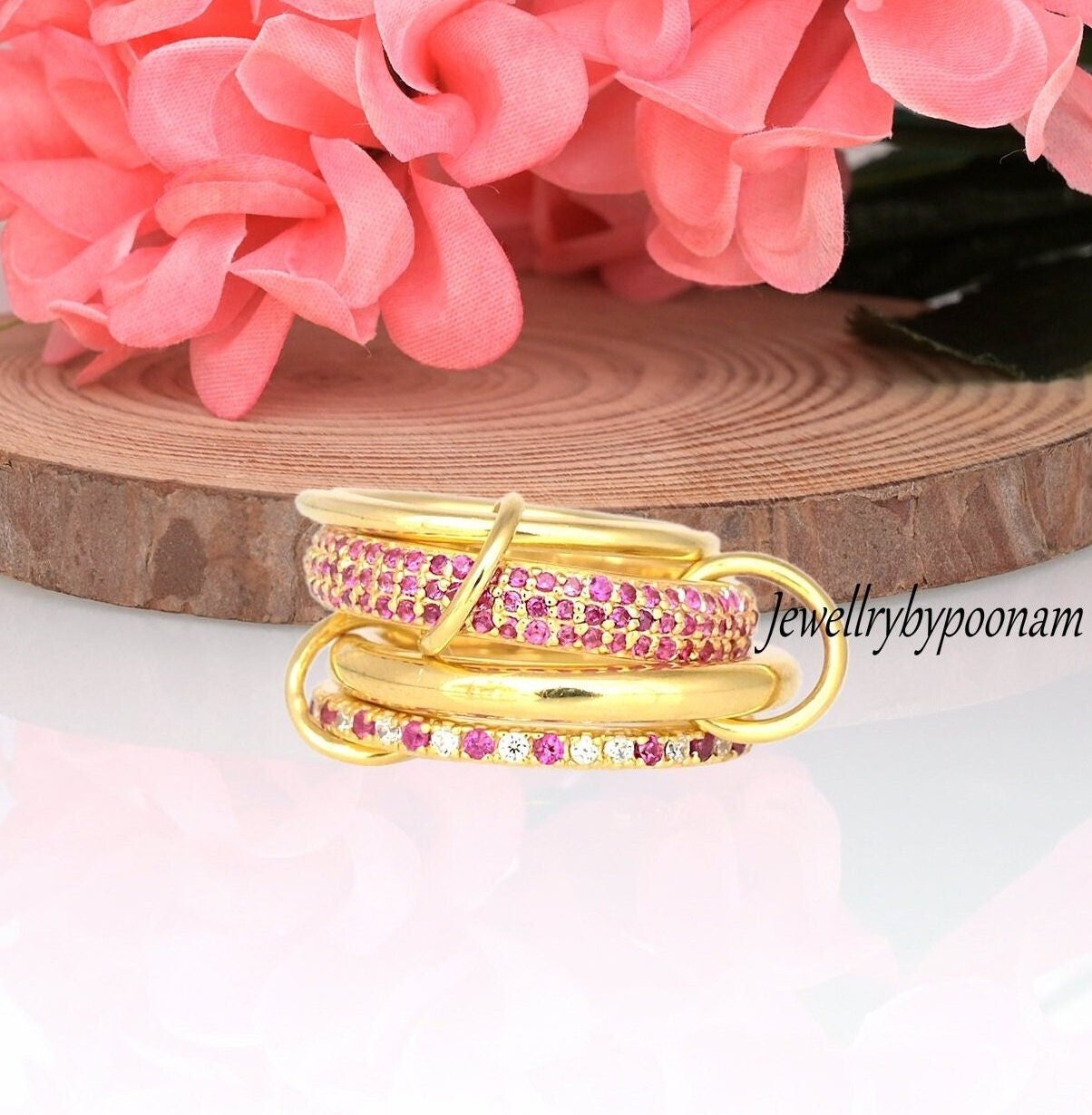14K Gold Ruby Connector Ring, Sterling Silver Multi Link Band - Jewelry By Poonam | SKU: PJR2433-SLYGRUCZ-US-6 2/26 14K Gold Ruby Connector Ring, Sterling Silver Multi Link Band - Jewelry By Poonam | SKU: PJR2433-SLYGRUCZ-US-6 2/26