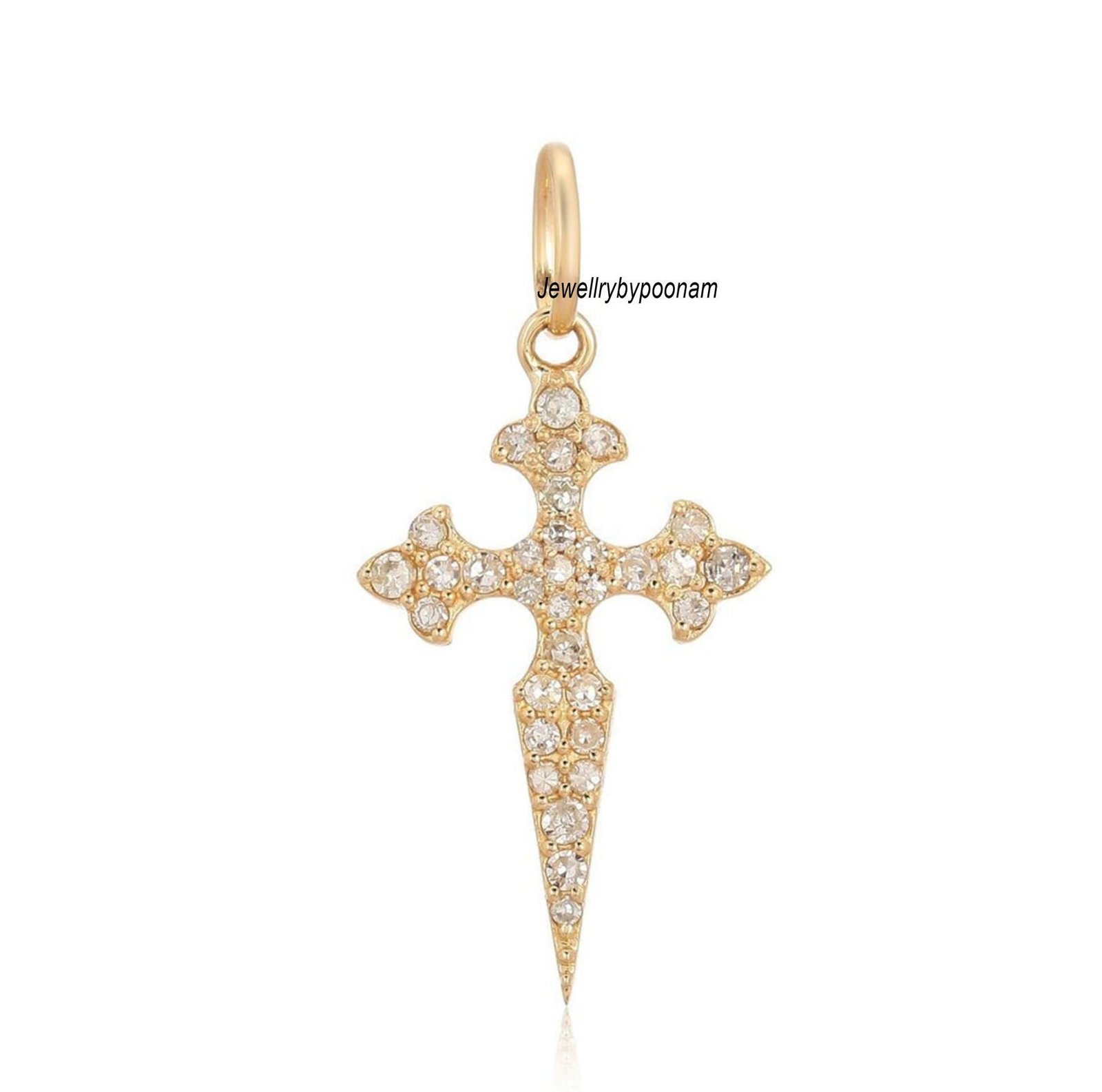 14k Gold Spike Cross Pendant: Moissanite Diamond, Sterling Silver Charm - Jewelry By Poonam | SKU: PJP- 14k Gold Spike Cross Pendant: Moissanite Diamond, Sterling Silver Charm - Jewelry By Poonam | SKU: PJP-