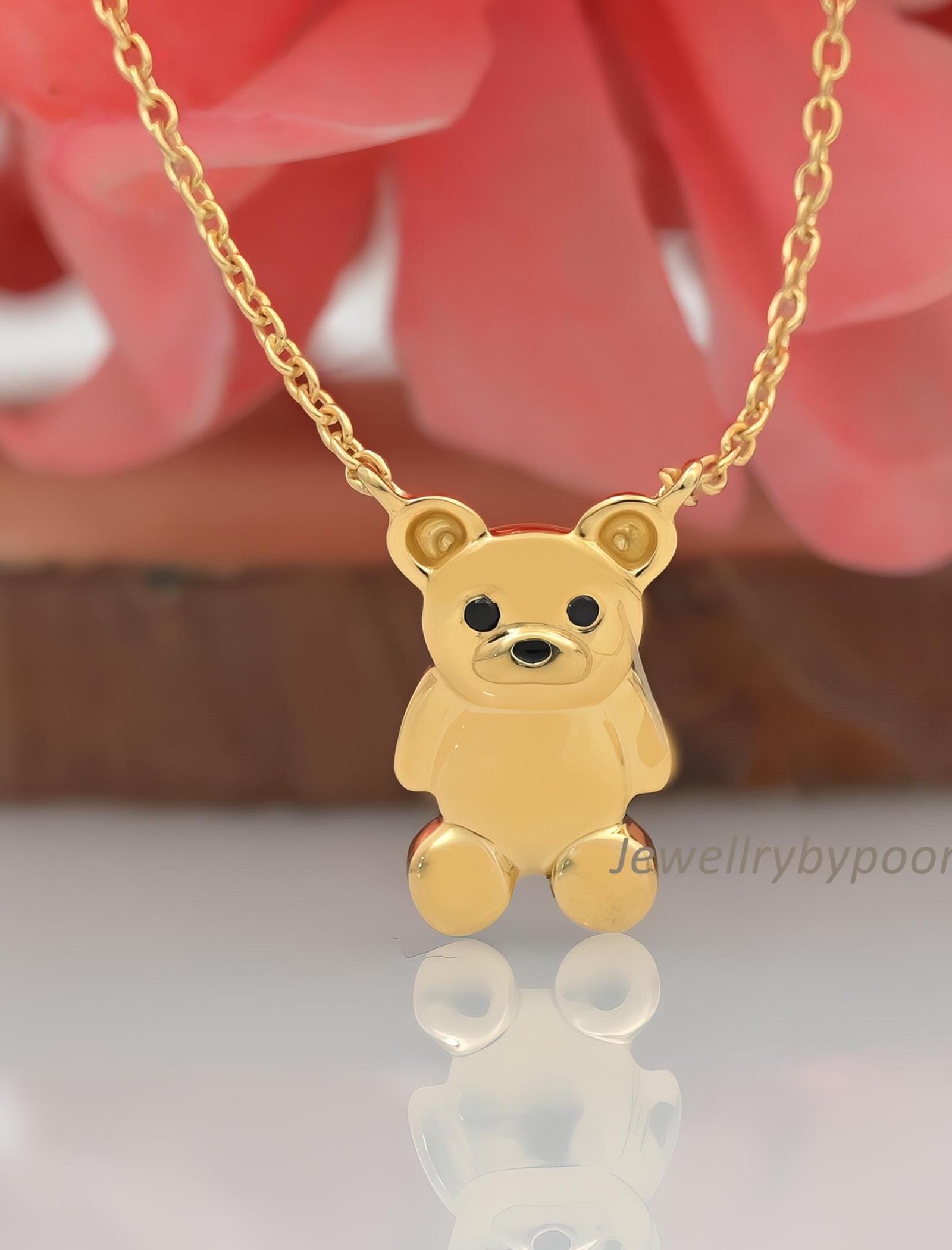 14K Gold Teddy Bear Necklace: Sterling Silver Charm Pendant - View 2 - Jewelry By Poonam | SKU: PJN1828-SLYGBSELBK-18I 14K Gold Teddy Bear Necklace: Sterling Silver Charm Pendant - View 2 - Jewelry By Poonam | SKU: PJN1828-SLYGBSELBK-18I
