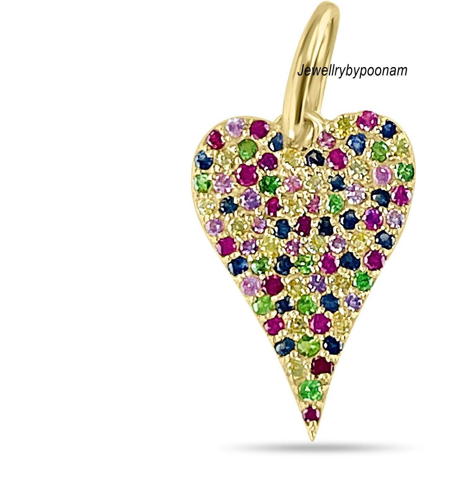 14k Solid Gold Heart Charm Pendant: Multi Gemstone Diamond - Jewelry By Poonam | SKU: PJP- 14k Solid Gold Heart Charm Pendant: Multi Gemstone Diamond - Jewelry By Poonam | SKU: PJP-