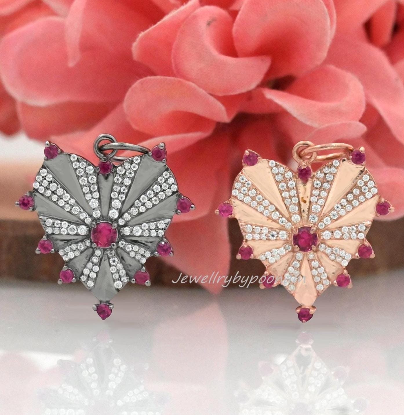 14k Solid Gold Heart Pendant: Diamond, Ruby Charm Jewelry - Jewelry By Poonam | SKU: PJp2461-SLYGRUMN-30M 2/26 14k Solid Gold Heart Pendant: Diamond, Ruby Charm Jewelry - Jewelry By Poonam | SKU: PJp2461-SLYGRUMN-30M 2/26