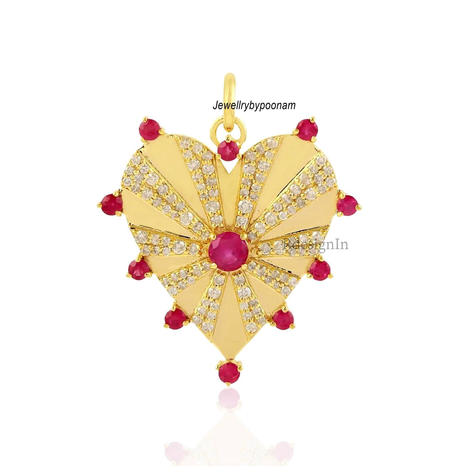 14k Solid Gold Heart Pendant: Diamond, Ruby Charm Jewelry - View 3 - Jewelry By Poonam | SKU: PJp2461-SLYGRUMN-30M 2/26 14k Solid Gold Heart Pendant: Diamond, Ruby Charm Jewelry - View 3 - Jewelry By Poonam | SKU: PJp2461-SLYGRUMN-30M 2/26